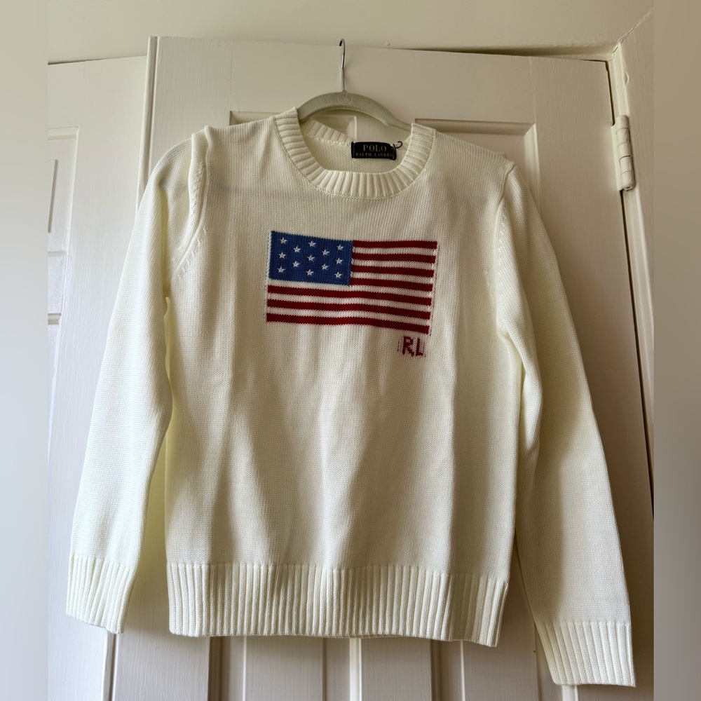 Ralph Lauren Cream Crewneck Sweater with American Flag